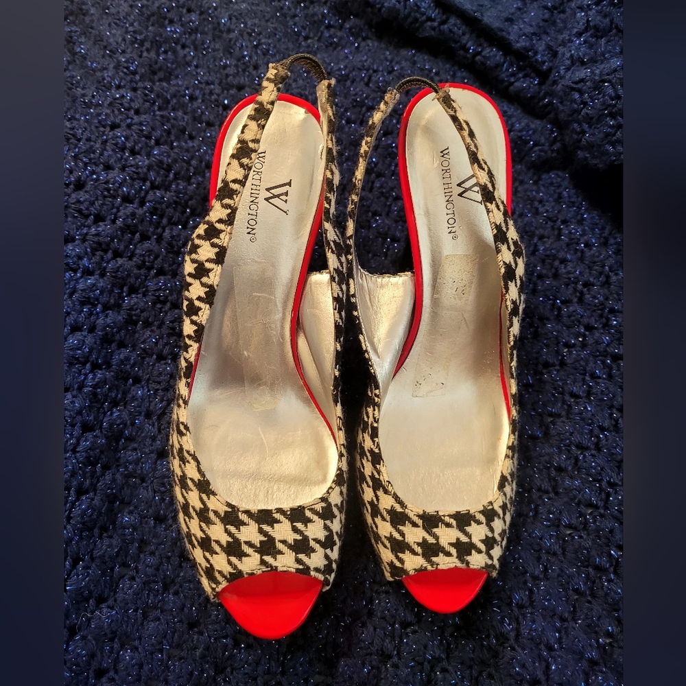 Worthington slingback peep-toe heel in a houndstooth pattern and red accents
